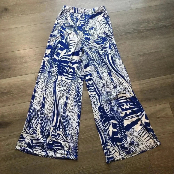 Shein Womens Blue And White Abstract Print Wide Leg Casual Pants Size Large - Picture 9 of 9